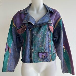 Vintage 1980s Hand Painted Denim Purple & Teal Women's Crop Jean Jacket